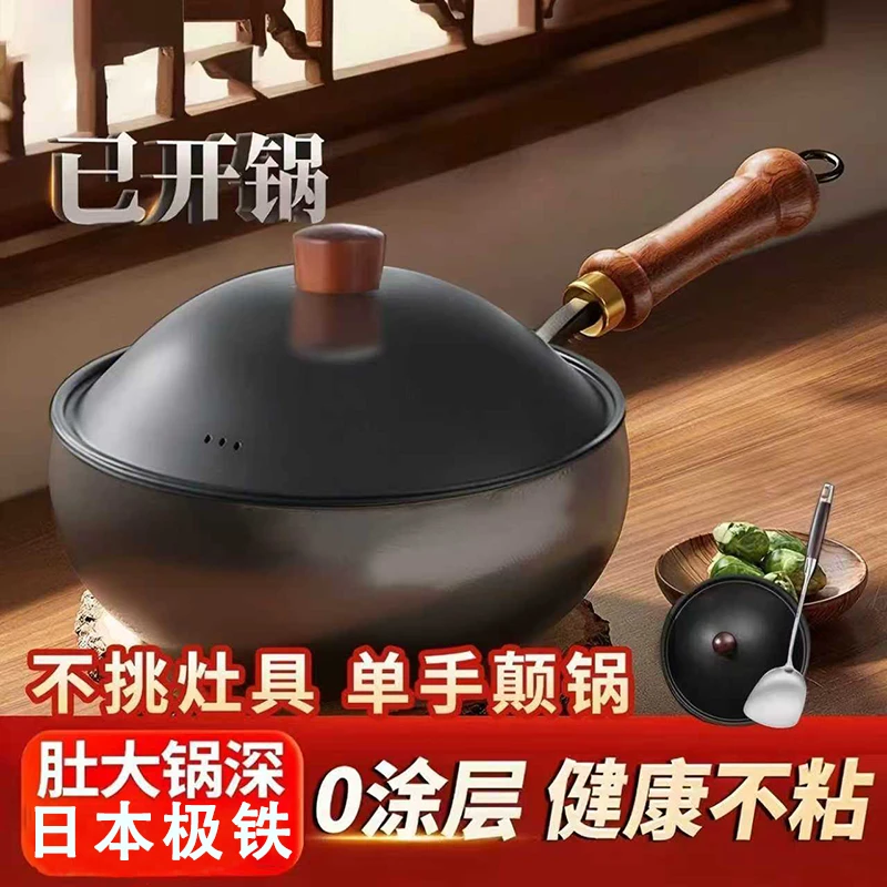 日本极铁锅铁盖大肚锅24cm家用炒锅平底锅电磁炉燃气电煮锅
