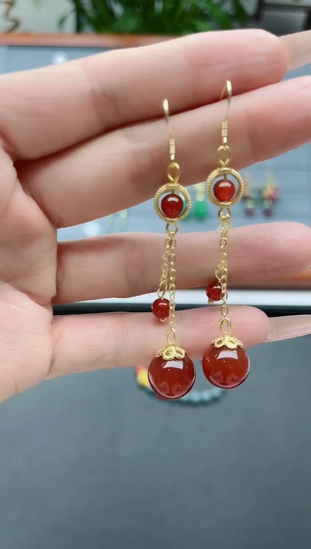 【闪购商品】南红玛瑙耳饰银S925镀金镶嵌2