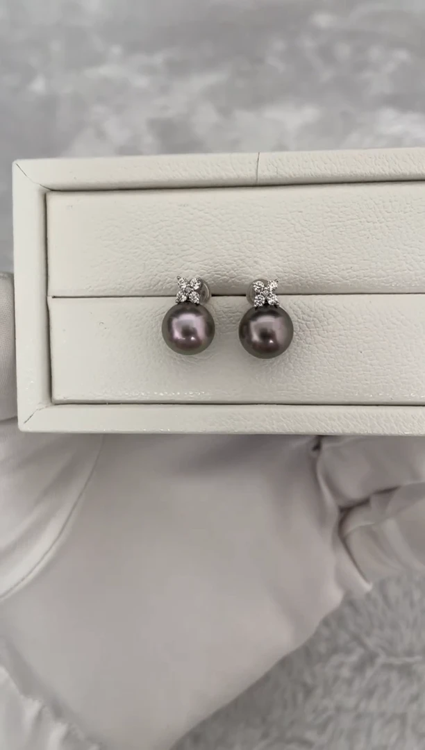 银S925镶嵌耳钉海水珍珠大溪地四叶草10-11mm