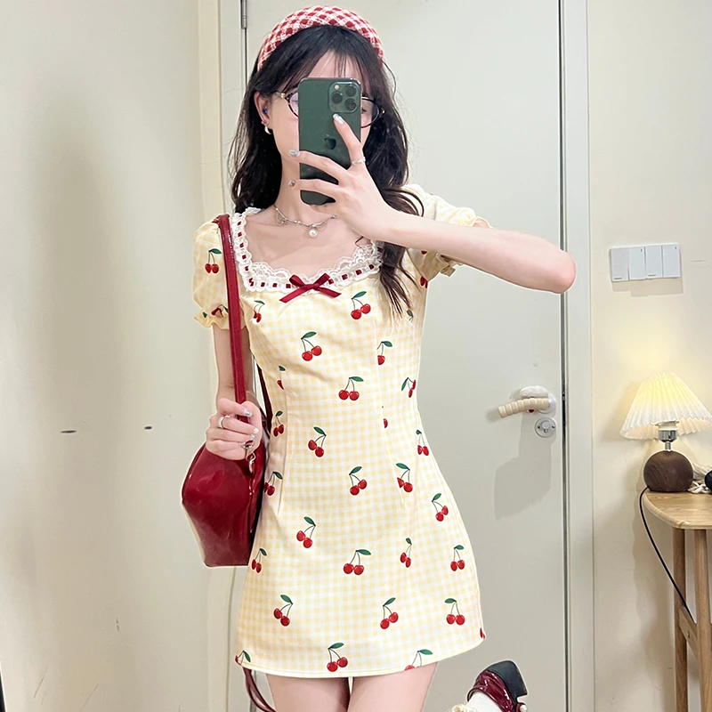夏日樱桃 织物猪原创 甜美黄色印花格纹连衣裙樱桃收腰泡泡袖短裙