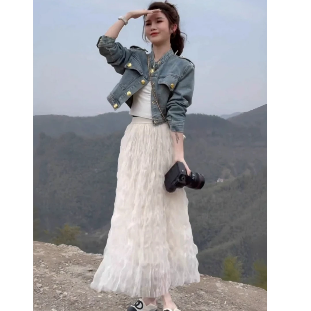 秋季穿搭一整套女装2025新款小个子洋气短款牛仔外套配半身裙套装