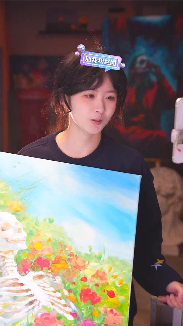 油画恙*花丛骷髅丙烯画纯手绘