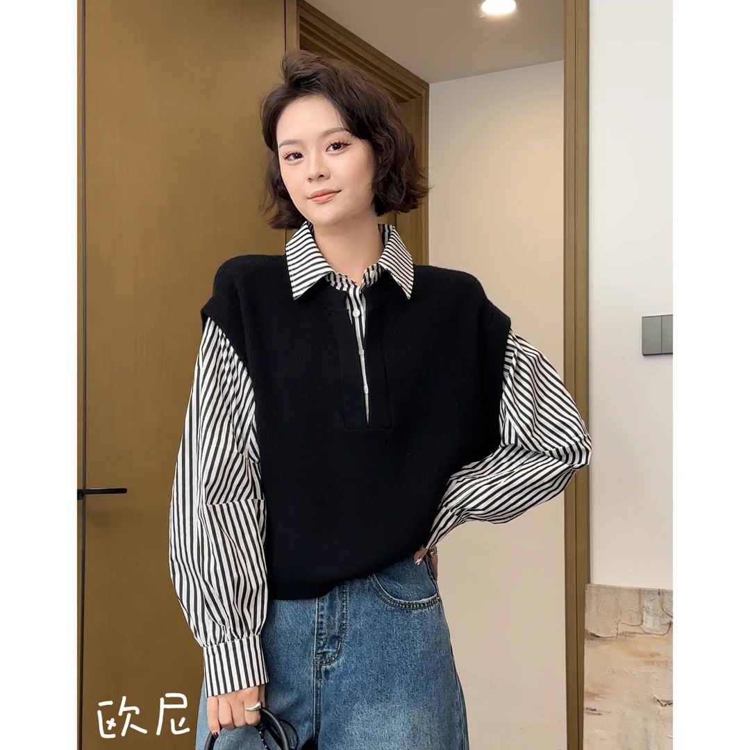 2025春款韩版设计感假两件针织拼接条纹衬衫2502C569