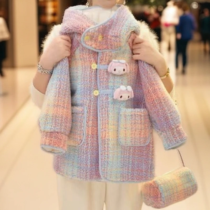 【加绒送包9冬季新款儿童韩版洋气休闲连帽加厚彩色毛呢美乐蒂外套