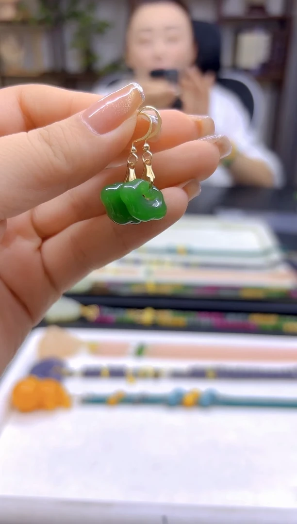 和田玉（碧玉）14K金镶嵌耳饰DIY款E859