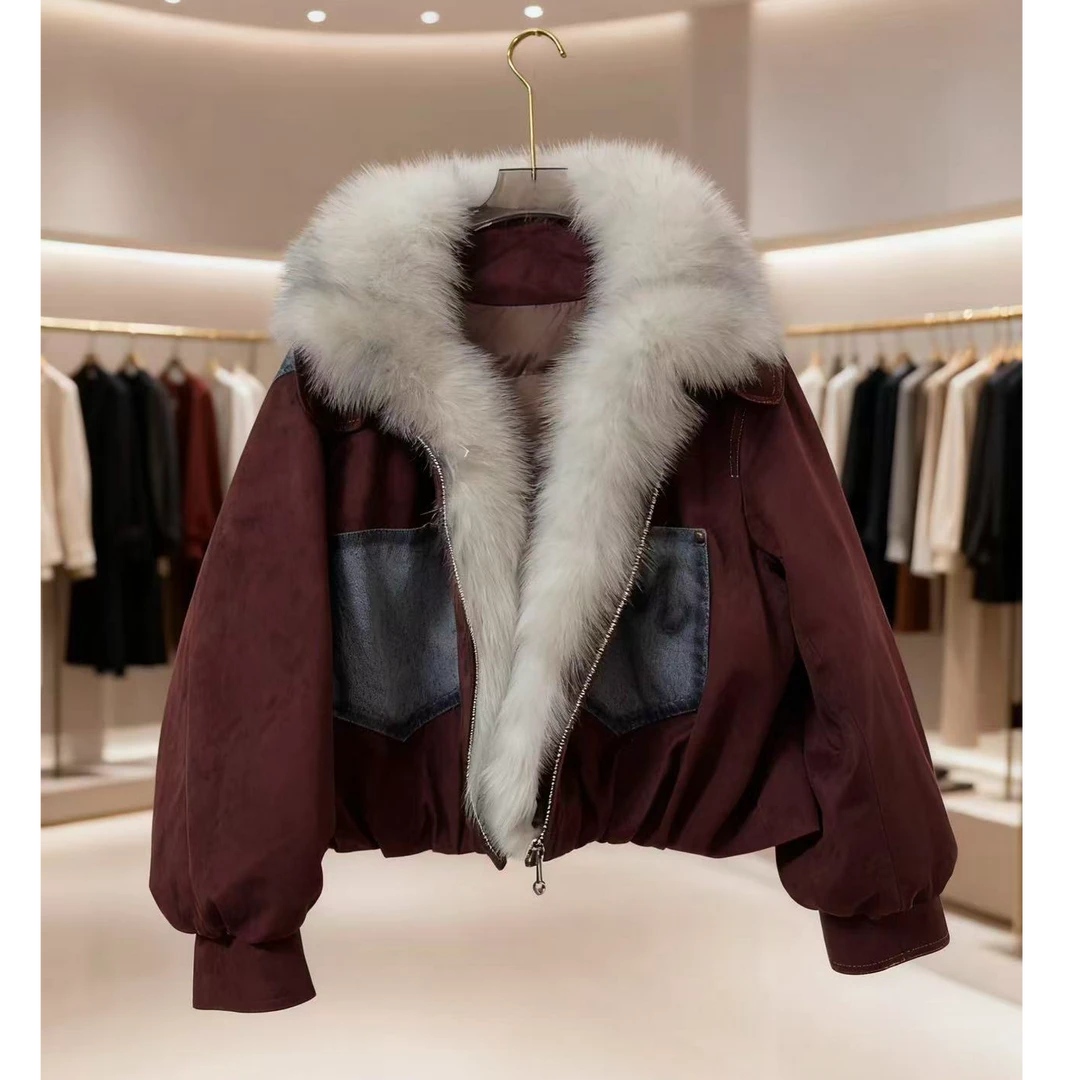 02酒红蓝色短款直下摆冬季大毛领可拆百搭女短外套