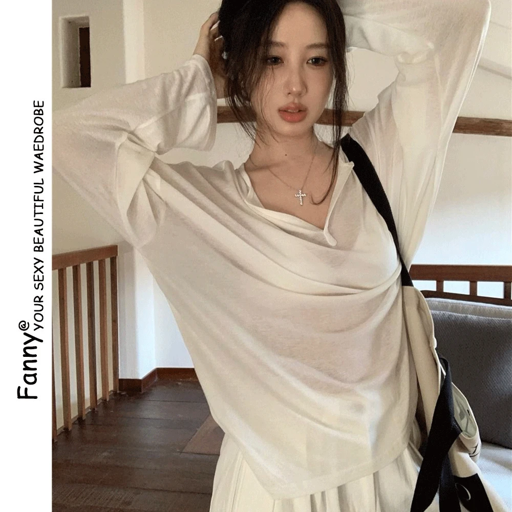 慵懒风白色V领薄款长袖防晒衫t恤女夏季宽松微透防晒罩衫空调衫