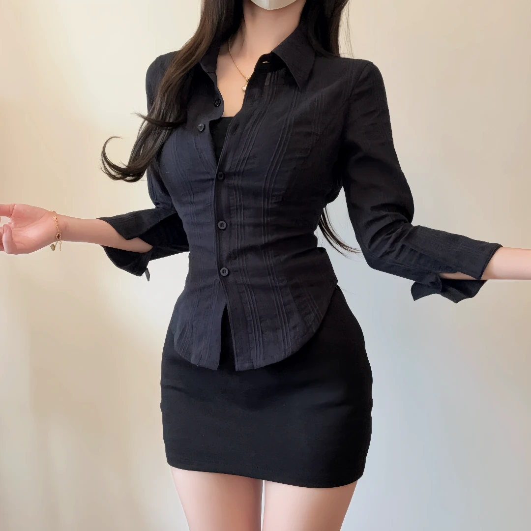 IQCQ轻奢定制气质纯欲风黑色长袖绑带衬衫上衣收腰显瘦包臀裙套装