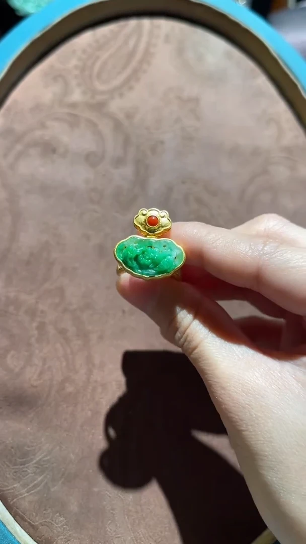 银S925镀金镶嵌戒指翡翠红翡绿翠