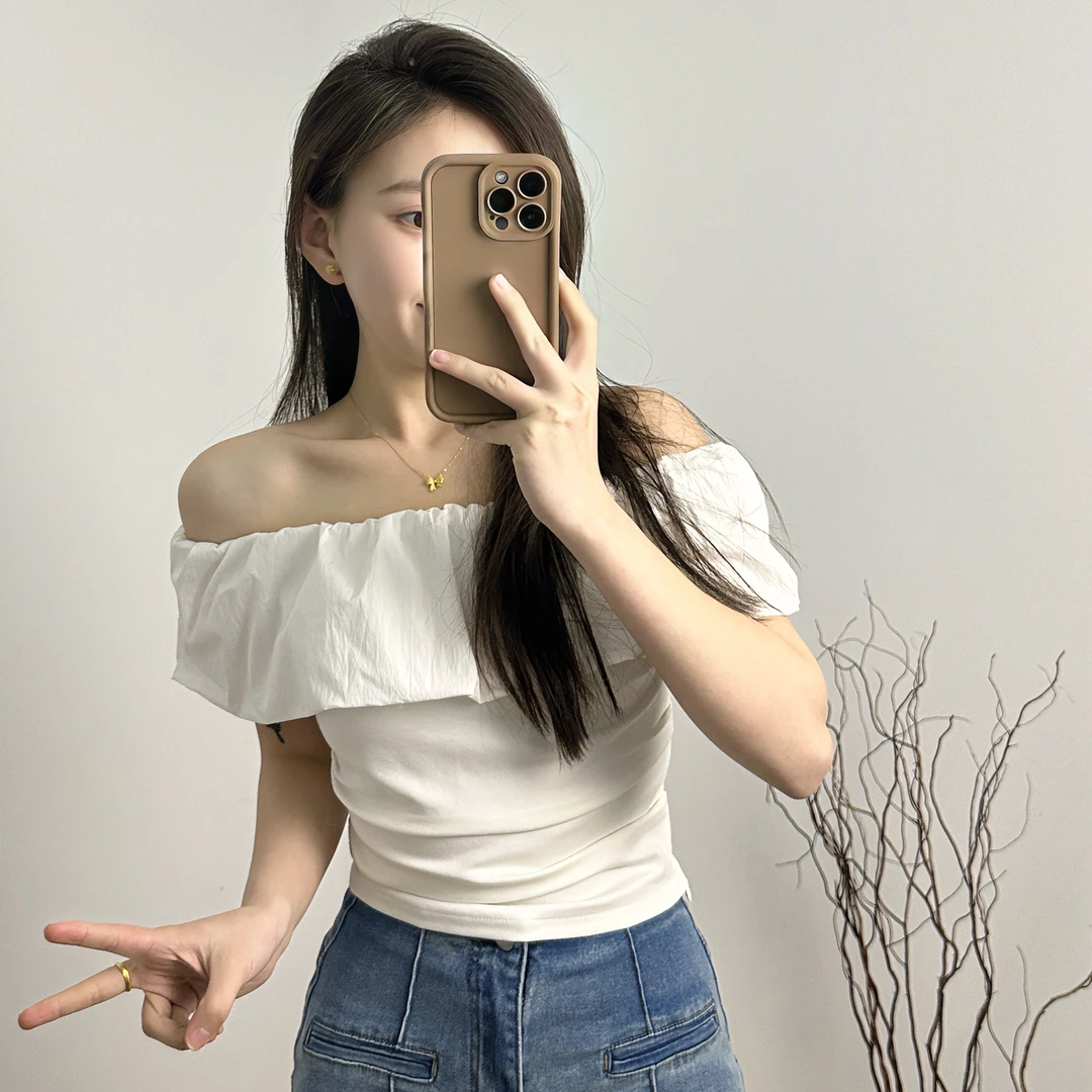 【喜果推荐】一字肩荷叶边短袖T恤女气质褶皱设计感小个子短款上衣