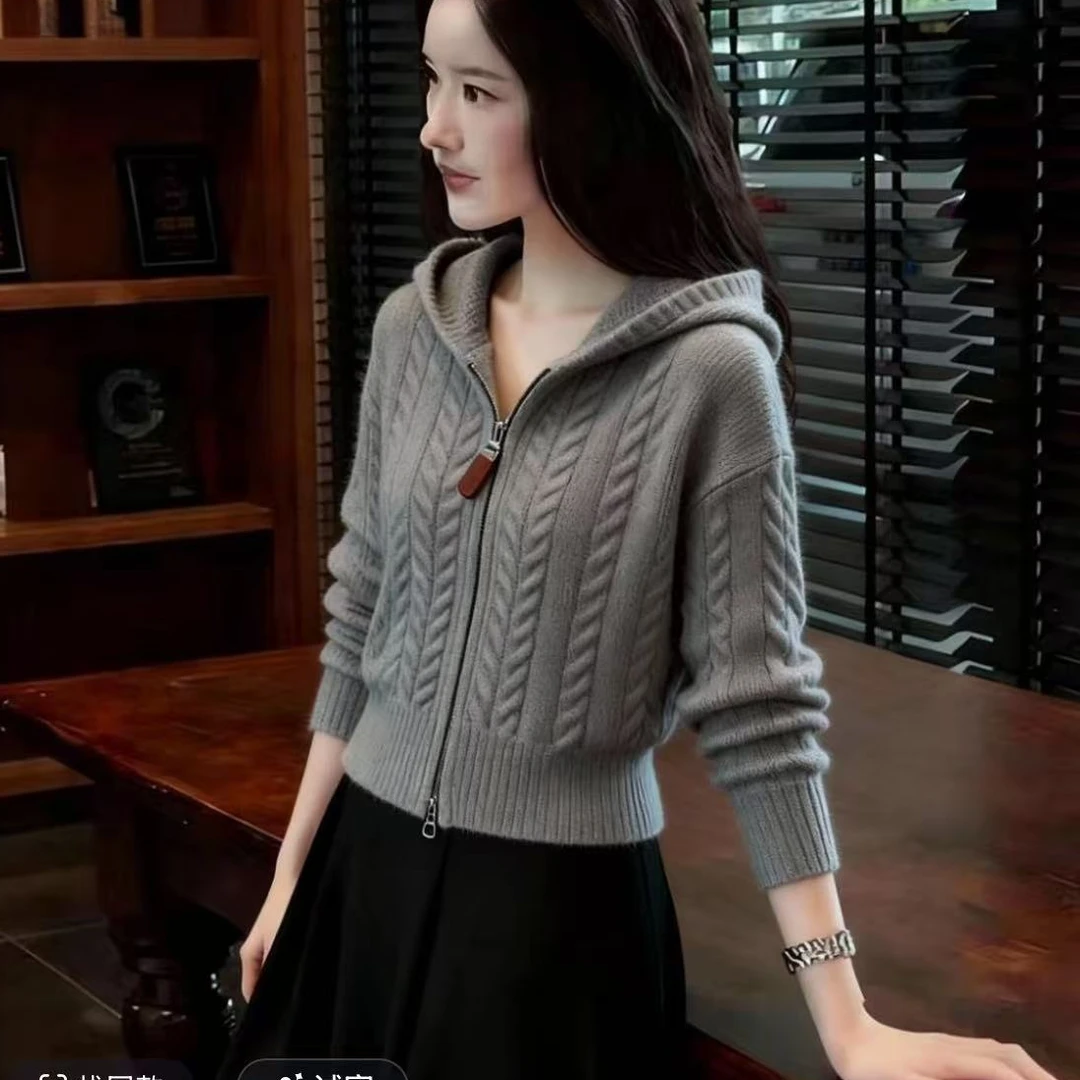 时尚慵懒风针织拉链连帽衫女2025秋冬新款麻花软糯内搭显瘦毛衣女