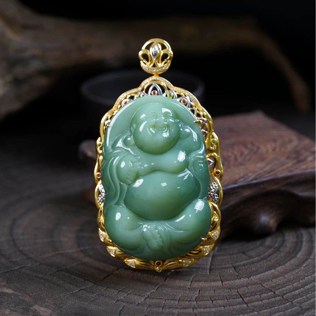 【石缘居珠宝】18K金镶和田玉碧玉典藏级高端大气逍遥佛吊坠 C58-15