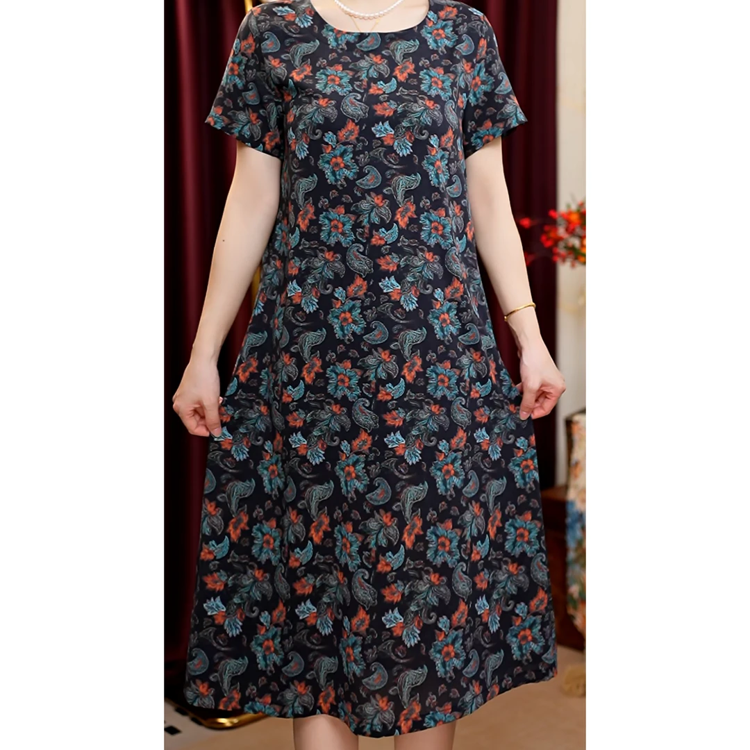 【华彩圆领】 提花长裙休闲风民族风中老年女装连衣裙宽松裙子夏季