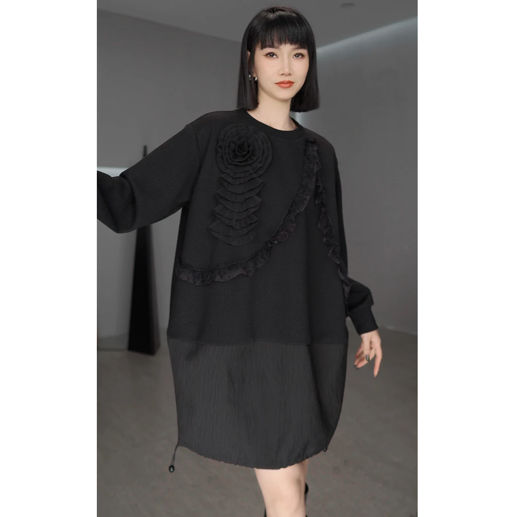 鑫鑫秋春季新款时尚加绒假两件拼接设计中长款显瘦百搭连衣裙6838