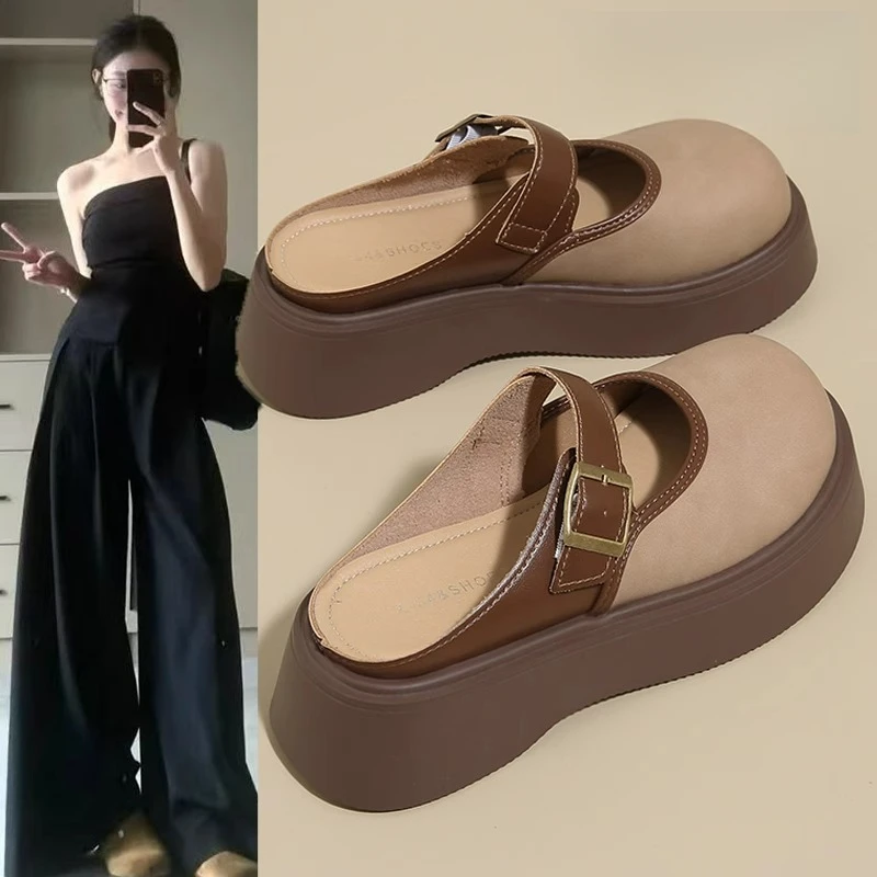 勃肯鞋厚底包头半拖鞋女外穿2025新款春夏季增高一脚蹬玛丽珍半托