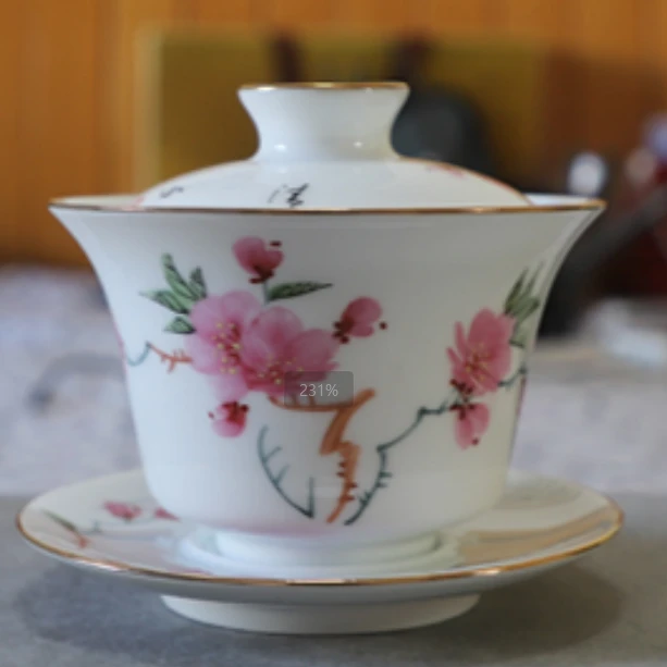 LQ18水点桃花三才盖碗（金边）