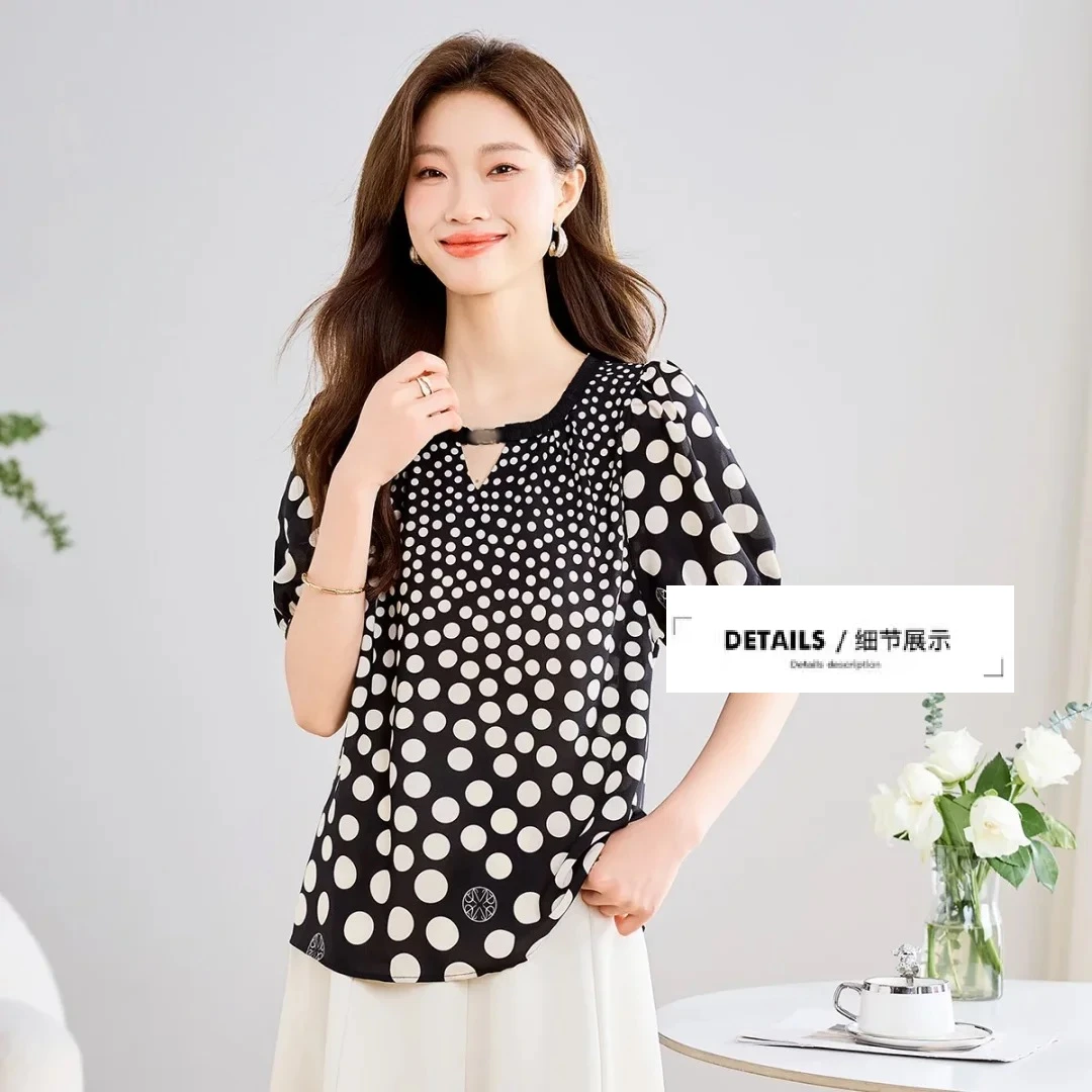 JIRUIMAN/吉瑞曼夏季优雅气质波点印花七分袖圆领宽松衬衫S961