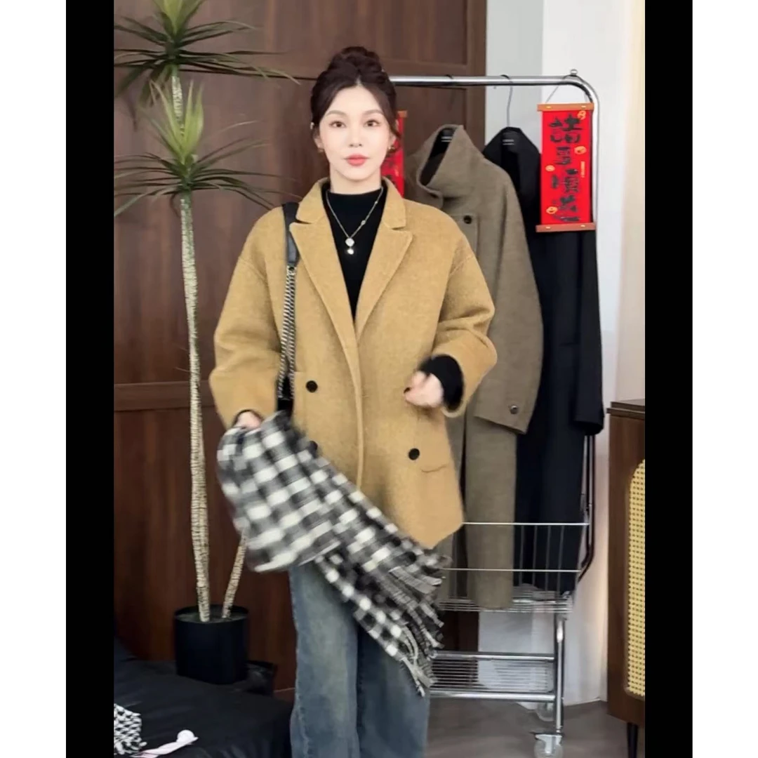「霖依」韩系短款四粒扣双面呢大衣时尚气质百搭羊毛大衣3-F69