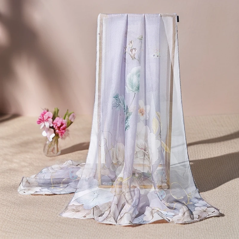 品牌新款桑蚕丝180*65cm淡紫真丝丝巾薄款纱巾秋冬旅游披肩外搭女