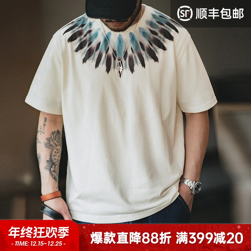 马登工装 美式重磅印第安羽毛印花短袖宽松T恤男夏轻奢痞帅男装