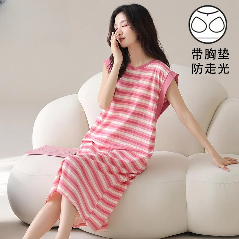 带胸垫女士无袖坎肩背心睡裙长款条纹睡衣大码家居裙2025夏季新款