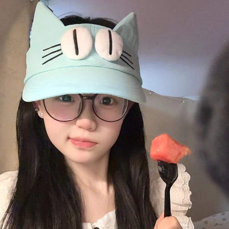 原创版~海盐薄荷蓝绿大眼仔防晒空顶帽女生夏季可爱小猫耳朵帽潮