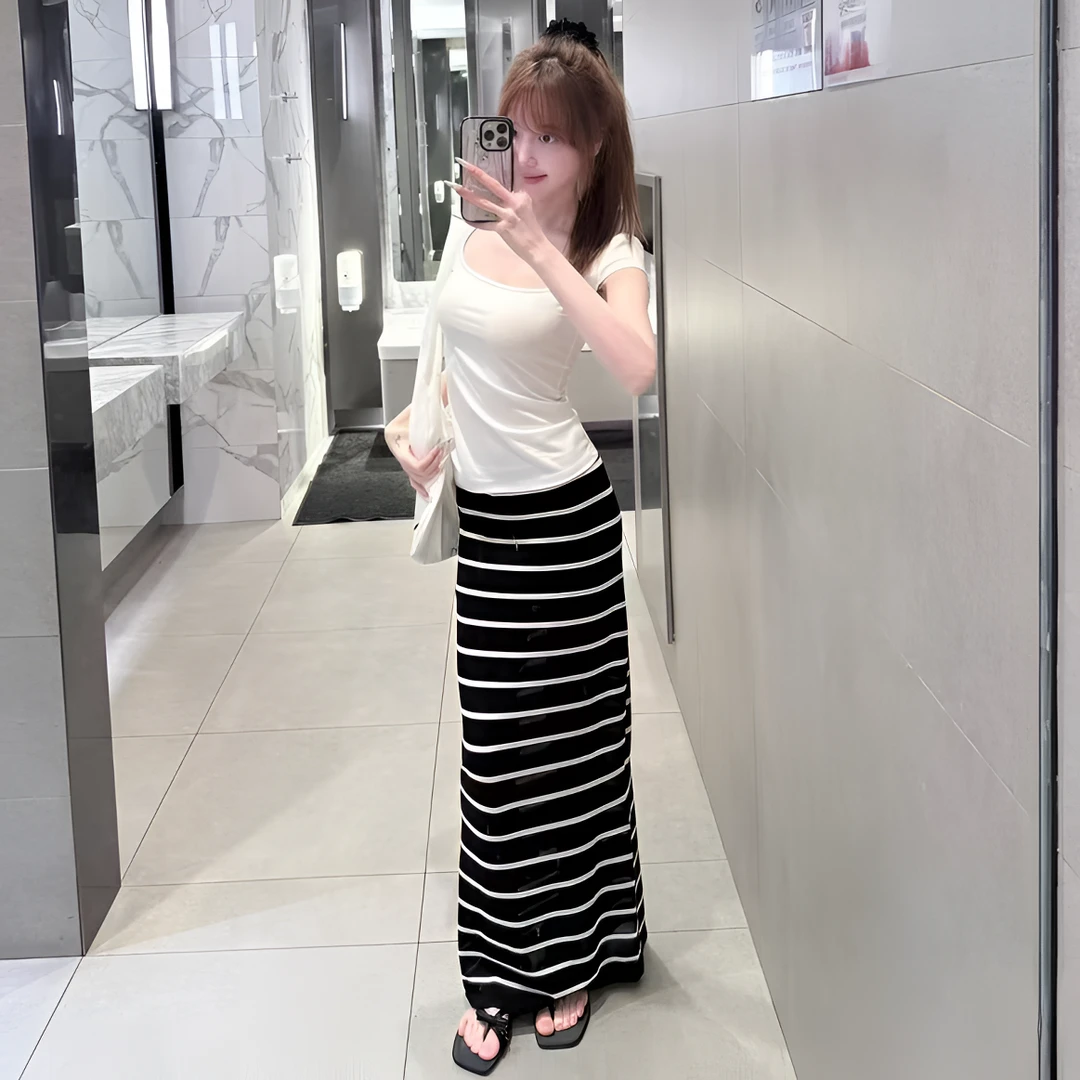 宽松慵懒垂感休闲长裙女夏季新款时尚气质百搭条纹撞色半身裙