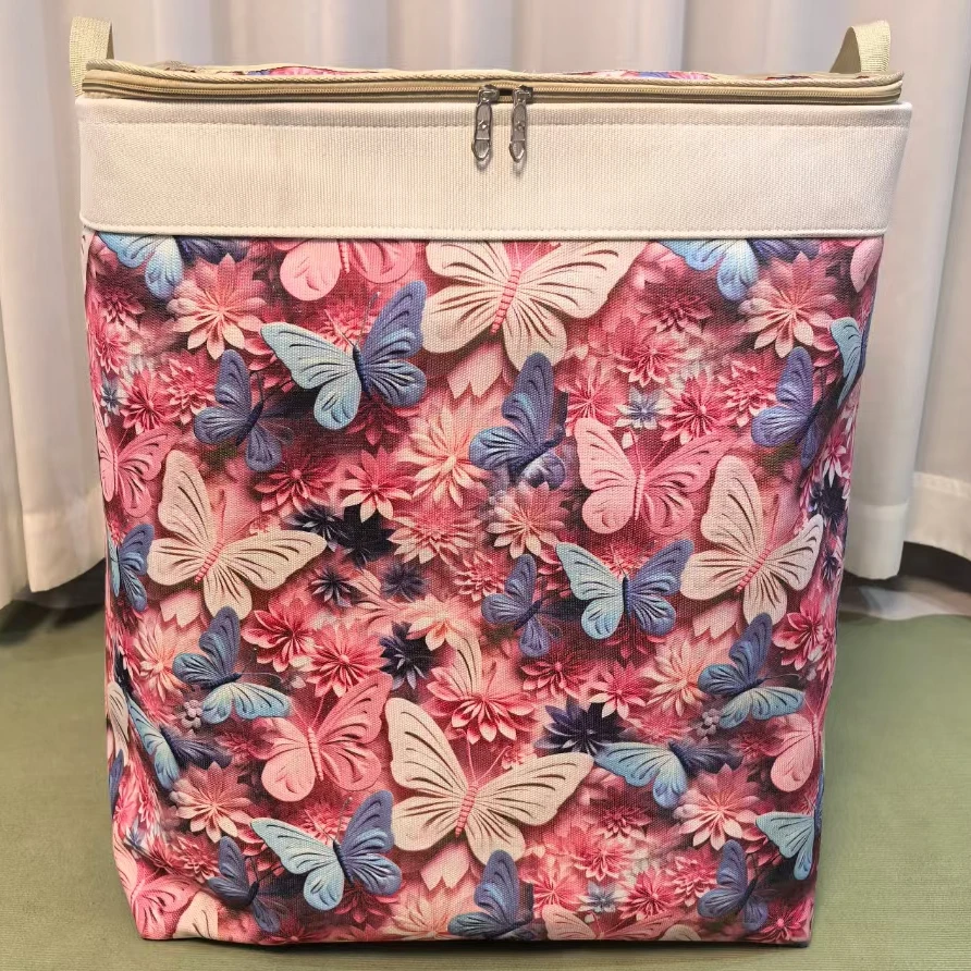 新款3D立体粉色蝴蝶双拉链款带钢圈收纳箱被子衣服加厚储物箱