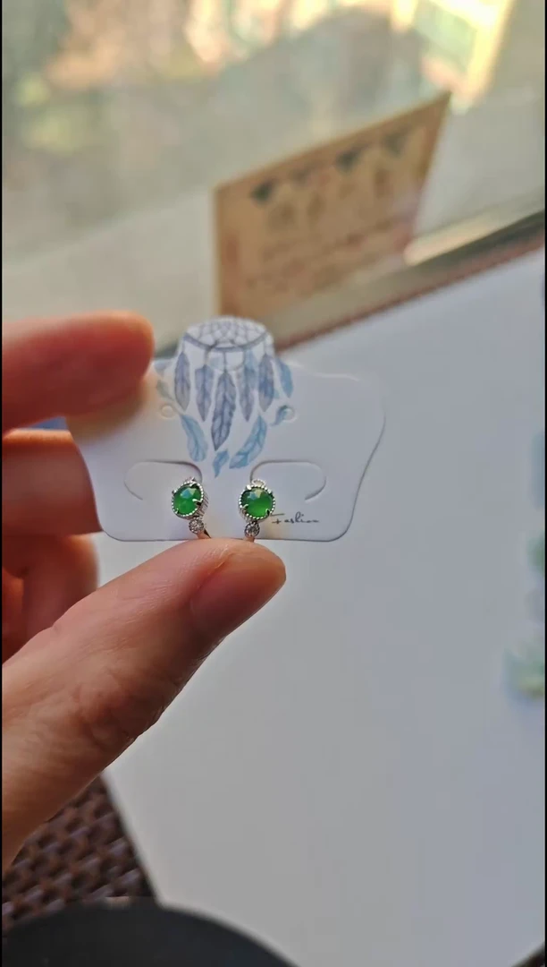 【闪购商品】翡翠耳饰银S925镶嵌翡翠耳饰S925银镶嵌