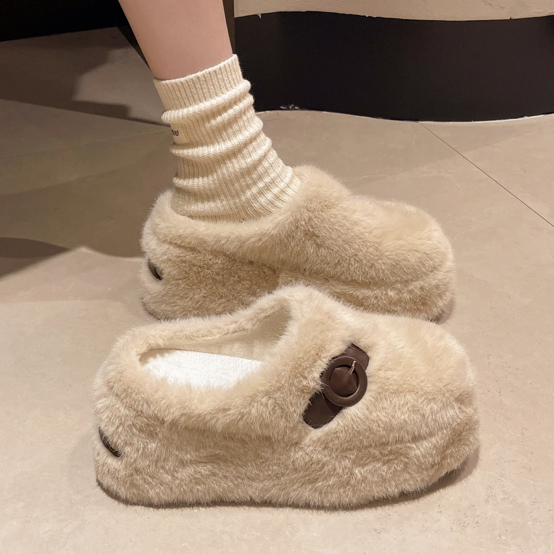 厚底增高坡跟毛毛拖鞋女外穿2025秋冬新款毛茸茸百搭包头半拖棉拖