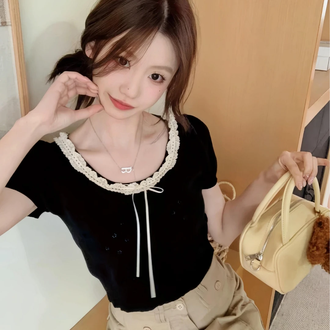 【大码优质版】胖mm夏季芭蕾风甜美风蕾丝针织短袖镂空蝴蝶结T恤