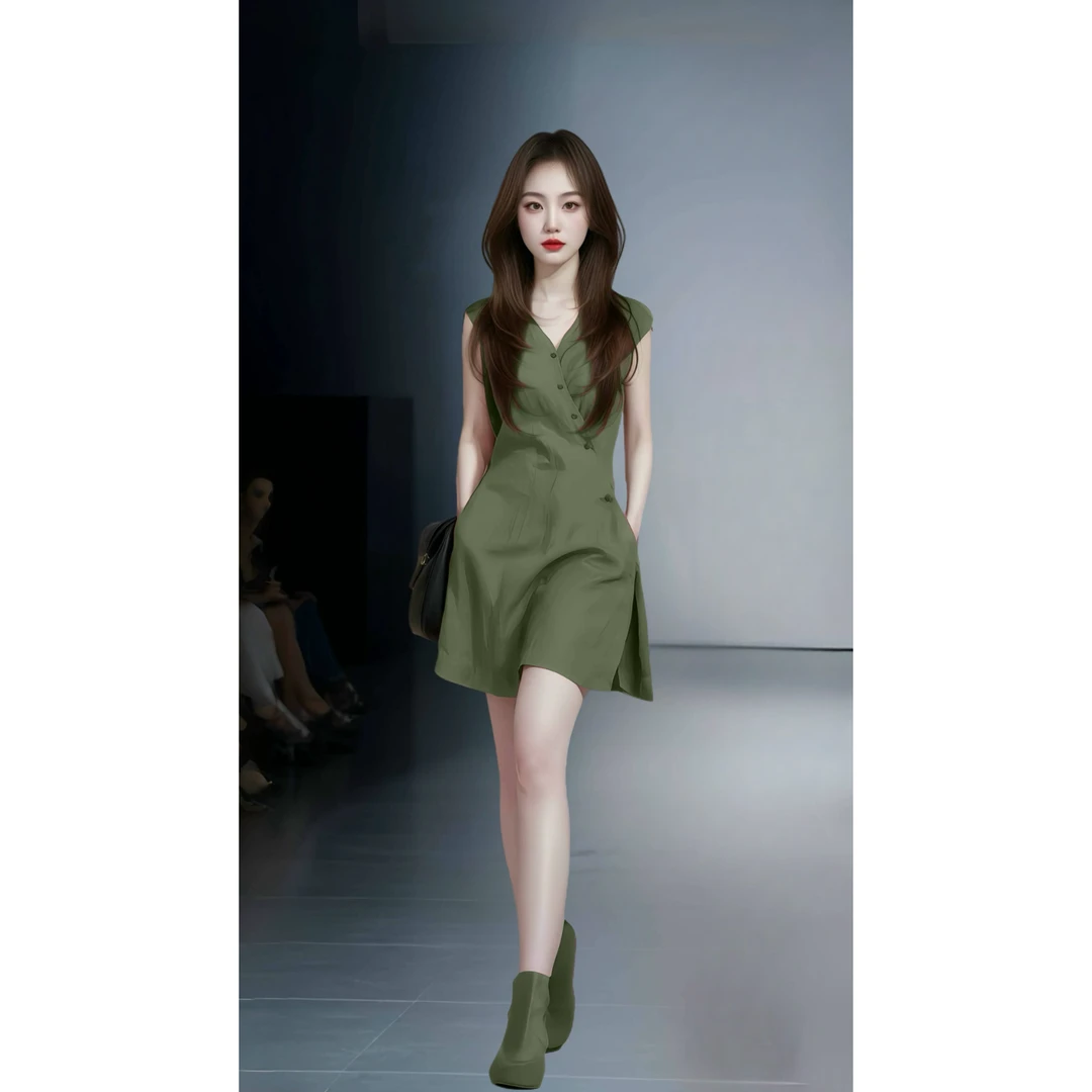 绿色V领收腰无袖连衣裙女夏季2025年冷淡系大方得体的裙子