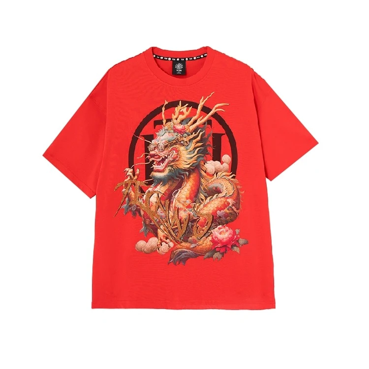 男装-TCH潮牌龙年烫钻红色新年印花宽松圆领T恤情侣款T72B10E6052