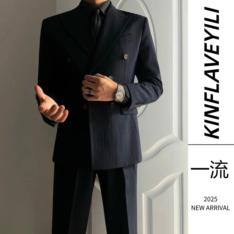 双排扣英伦西服套装男新郎婚礼修身正装上班休闲时尚条纹帅气西装