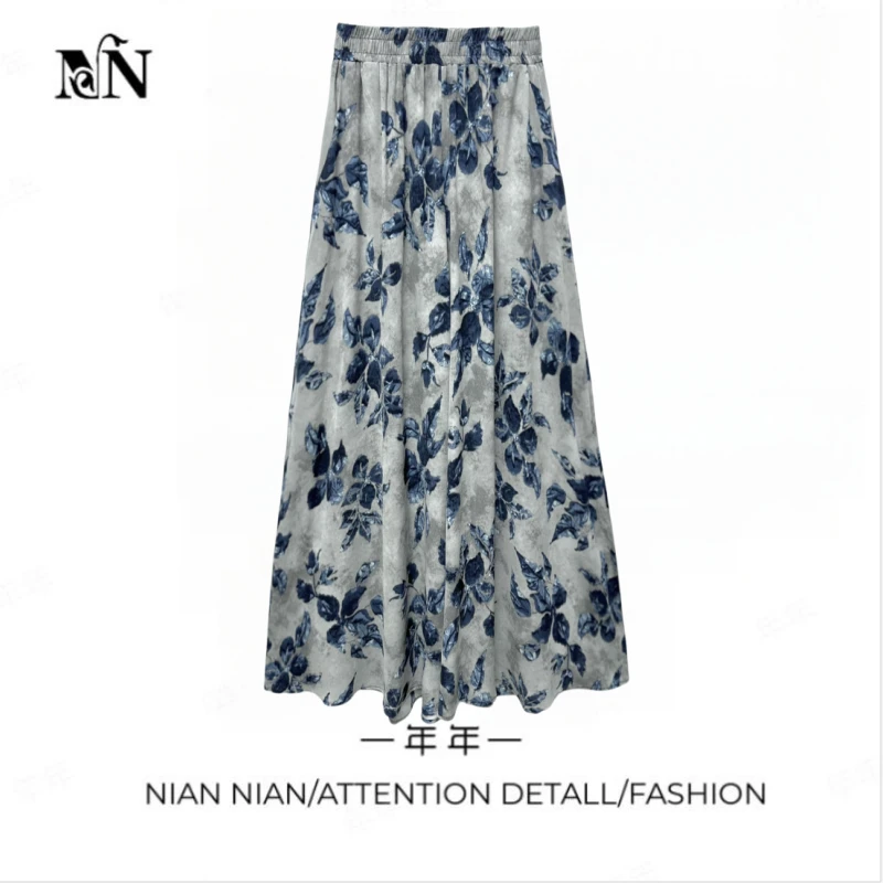 〖休闲感裤〗年年2025夏季新款复古印花松紧高腰显瘦垂感休闲裤