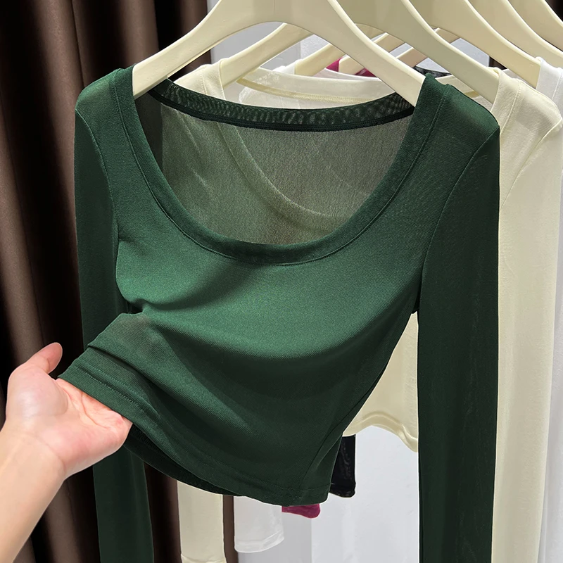纯色高级圆领清凉网纱t恤ins夏季2025新款辣妹上衣长袖短款打底衫