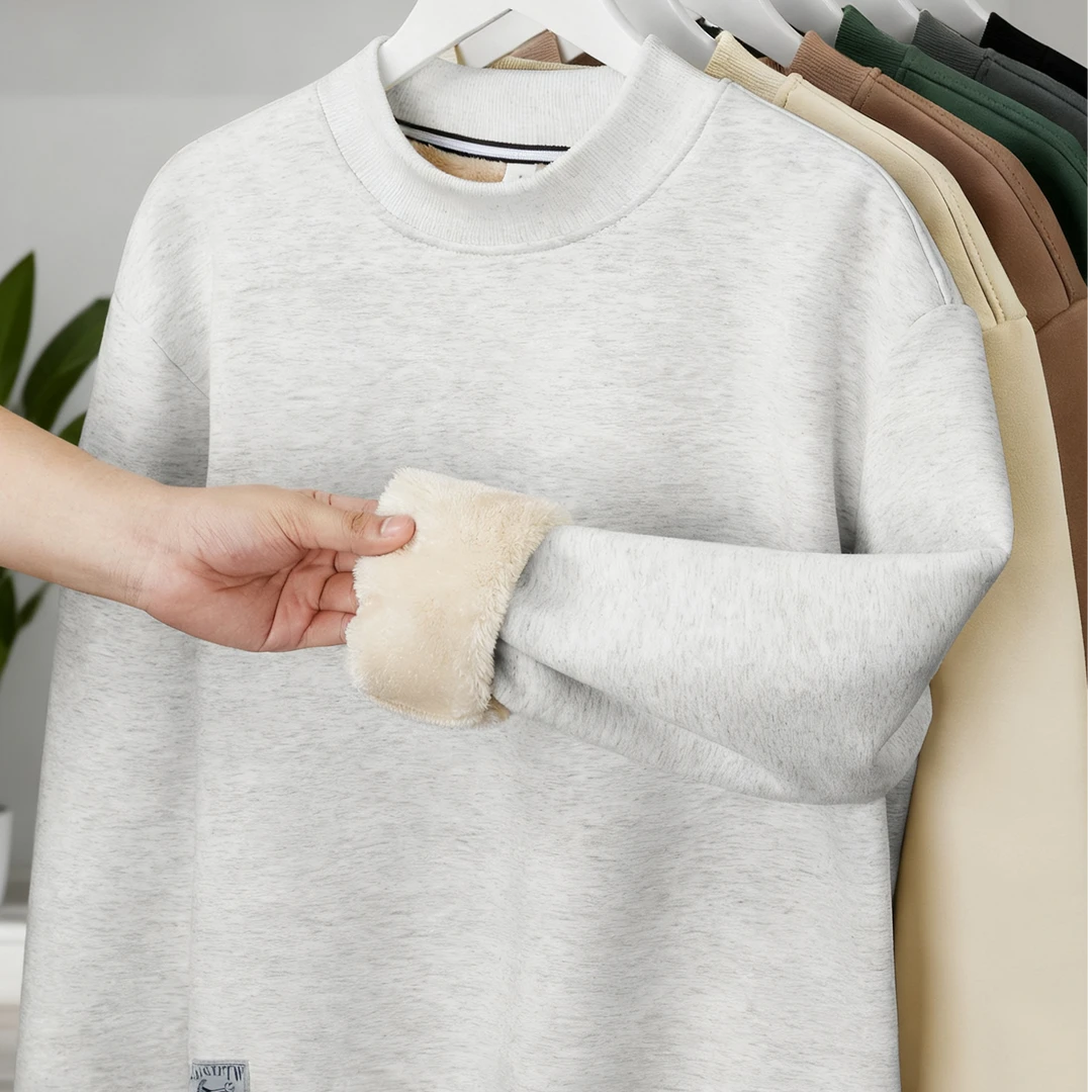 利基萨约男士冬季新款半高领卫衣男士加绒宽松潮流纯色无帽上衣