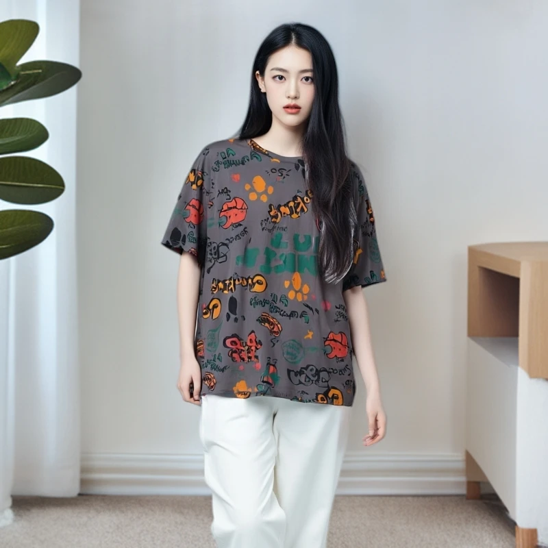 大版T恤圆领夏季百搭宽松T恤舒适半袖潮流大版卡通女款大码