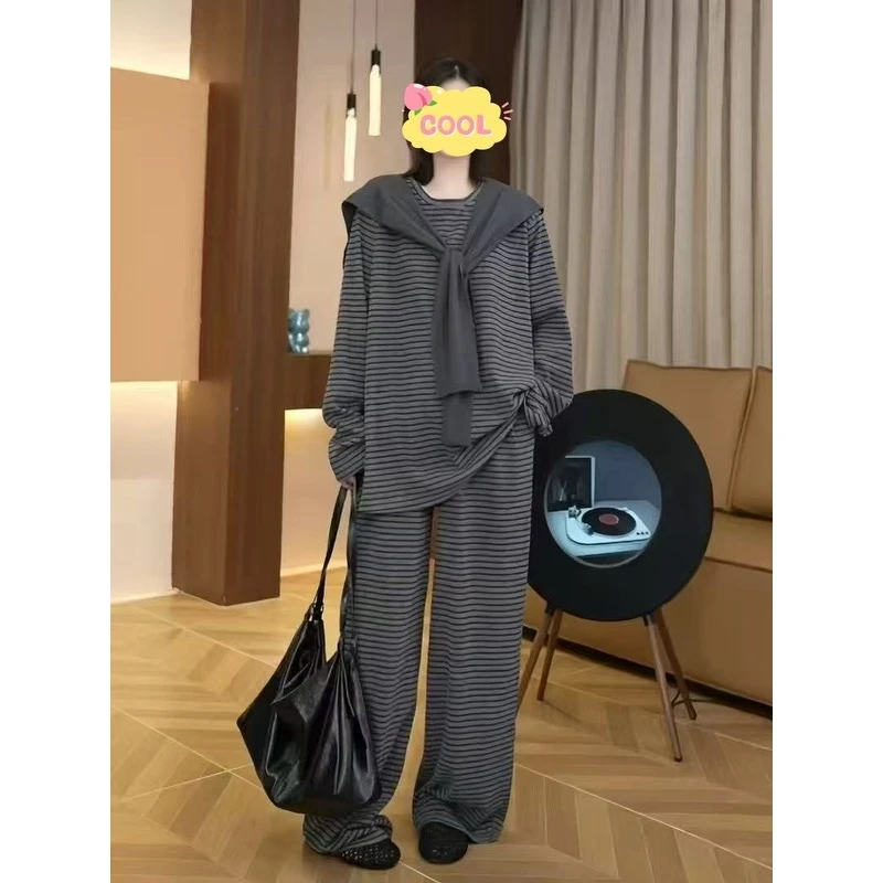 大码时尚休闲条纹披肩长袖上衣宽松显瘦裤子套装5999#