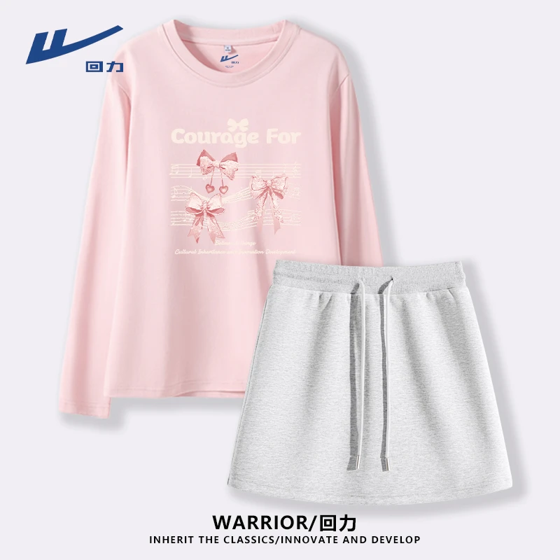 Warrior/回力纯棉长袖T恤A字卫裙短裙套装洋气衣服女生韩系穿搭