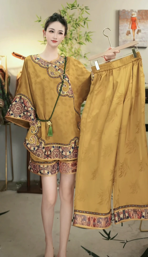 国风2025夏季新款大码显瘦时尚苍黄色上衣短裤(1588+1578)