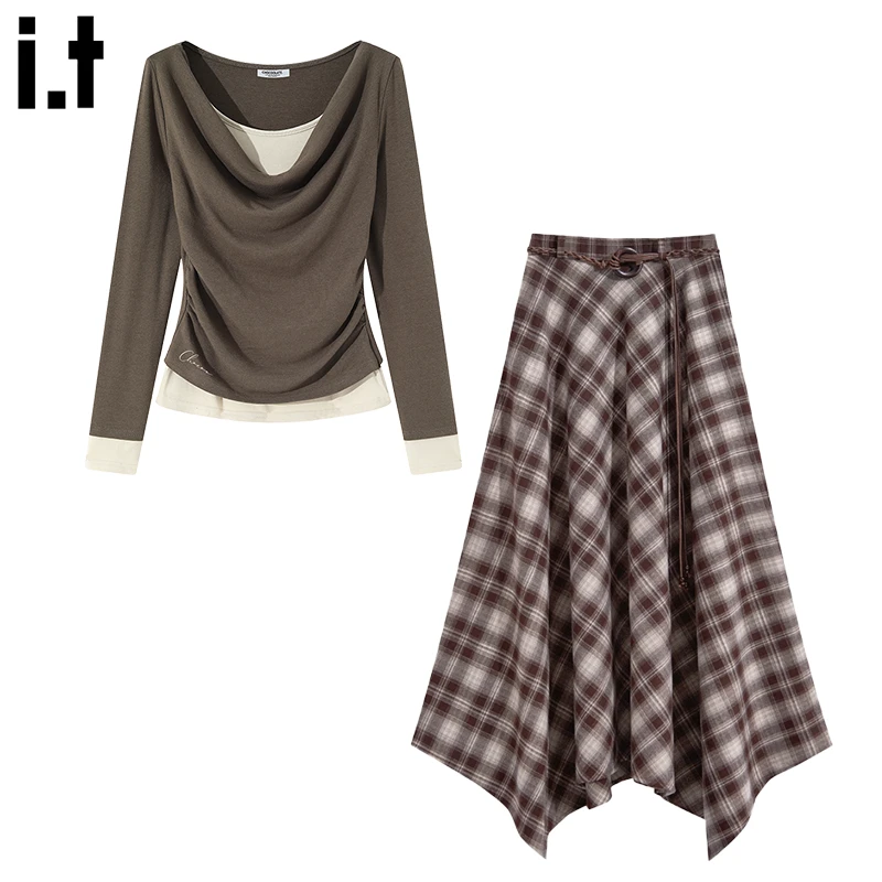 it:CHOCOOLATE美拉德荡领T恤不规则格纹半身裙子女生秋冬加厚套装