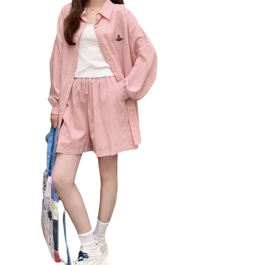 猪猪头家休闲减龄套装女夏2025新款韩版长袖薄款衬衫短裤三件套