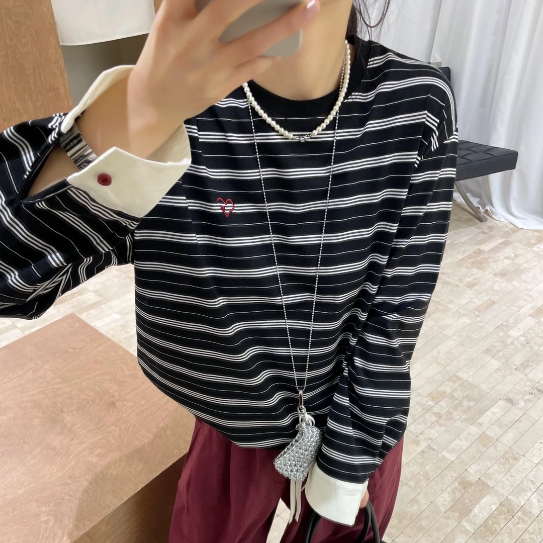 韩版新款条纹拼色袖T恤T25039