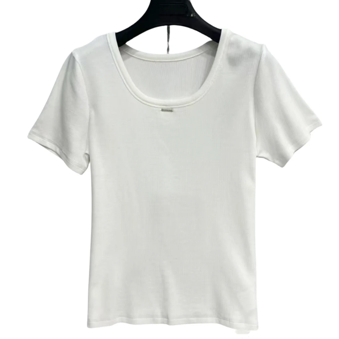 2601  女士  纯色  光板  领口金属扣装饰  休闲  T恤