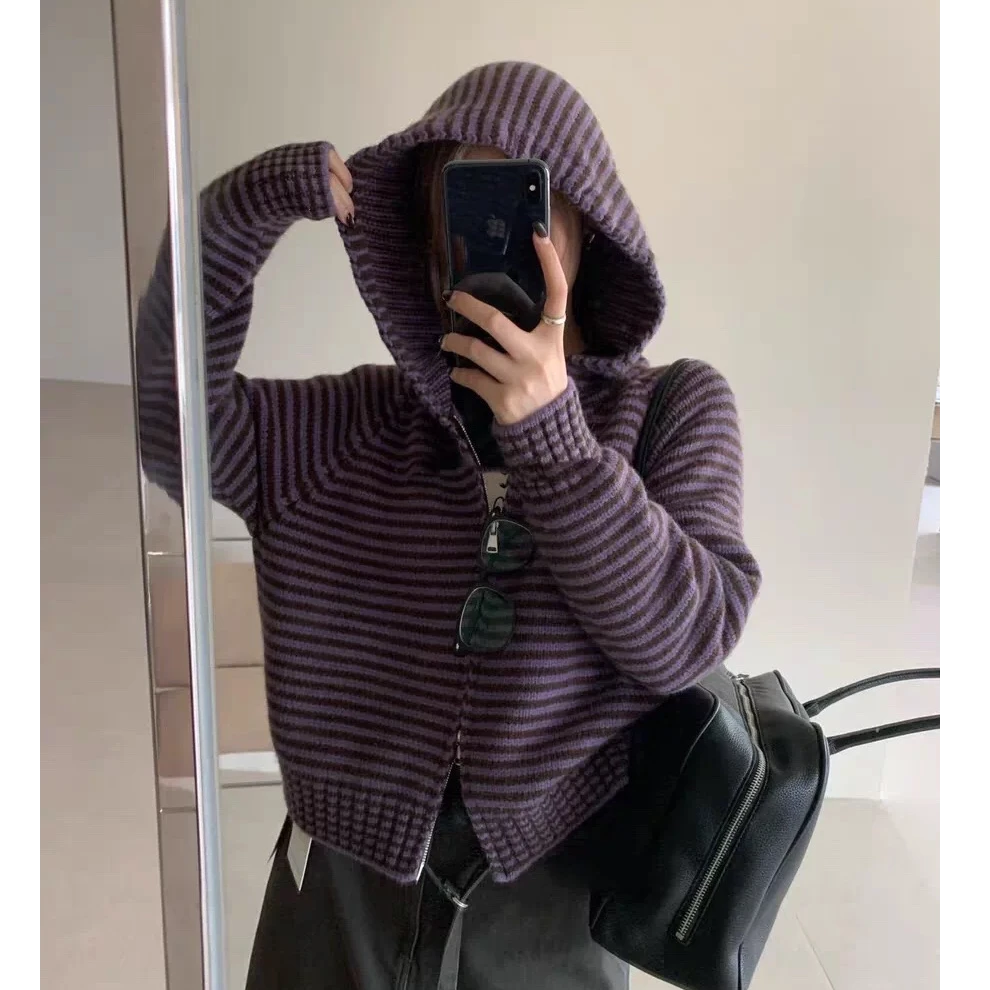 【紫条纹】韩系百搭连帽针织衫长袖拉链开衫帽衫女外套