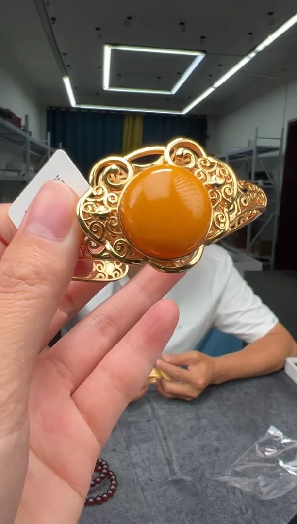 琥珀银S925镶嵌手镯开口镯