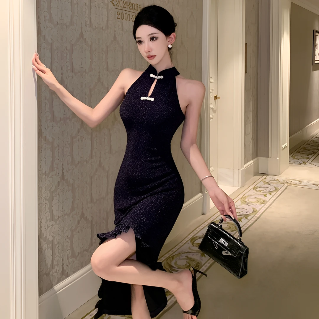 复古法式轻奢亮丝改良旗袍纯欲风名媛高贵性感气质开叉包臀连衣裙