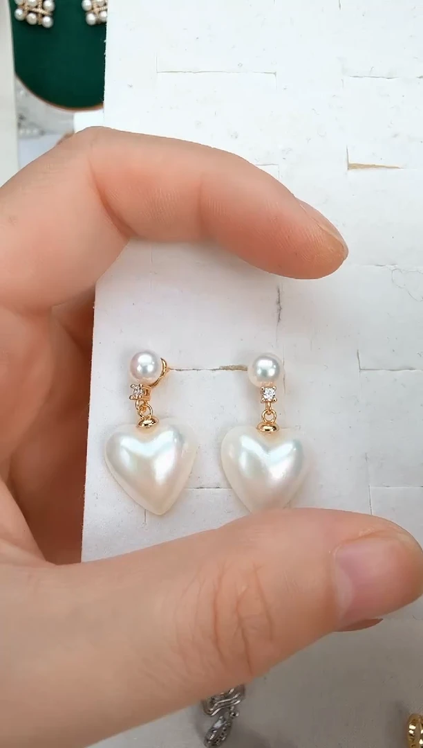 耳饰拼合珍珠（马贝珠）银S925镶嵌双珠灵动爱心