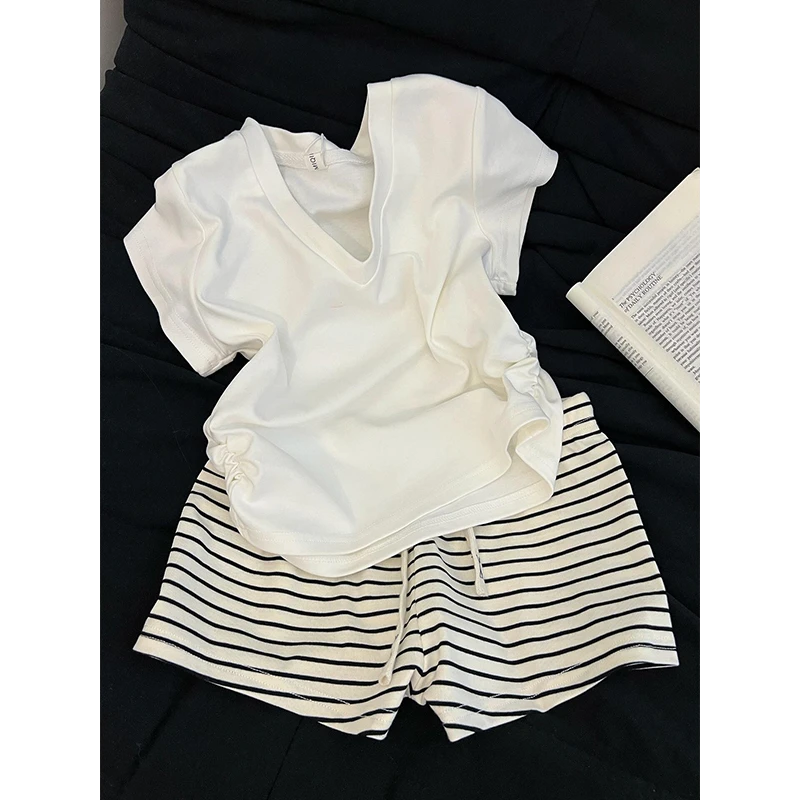 【韩系小众简约】V领短袖T恤2025新款条纹短裤居家服两件套夏季套装